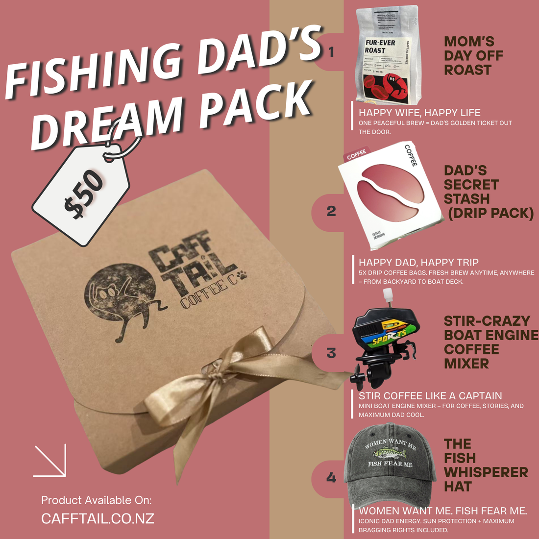 Fishing Dad’s Dream Pack and coffee gift for Father’s Day in New Zealand