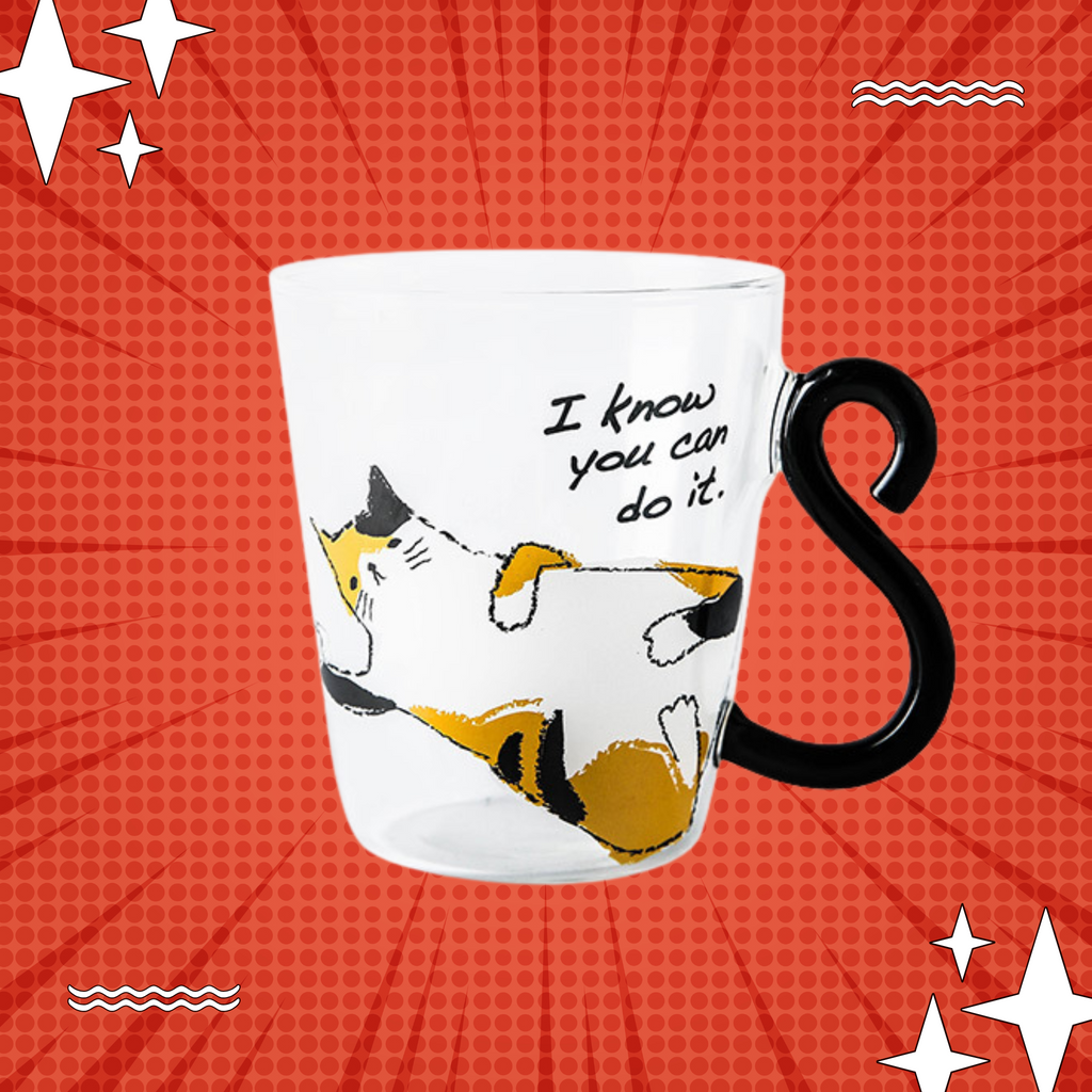Motivational Calico Cat Glass Mug – “I Know You Can Do It!” | CaffTail Coffee