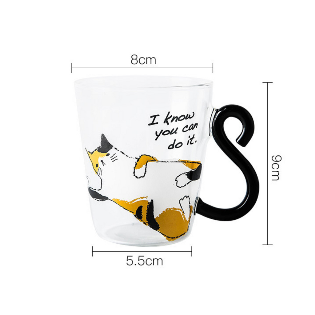 Motivational Calico Cat Glass Mug – “I Know You Can Do It!” | CaffTail Coffee