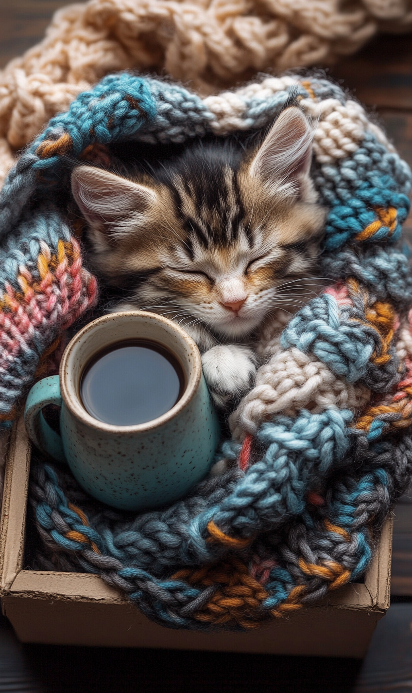 marinaship_Cute_kitten_sleeping_in_a_knitted_scarf_cozy_blanket_75ba36b2-4d40-4b9a-8653-bf55a3087a0b.png